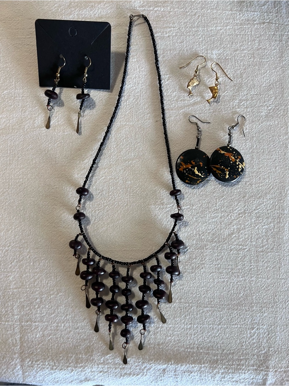 Handcrafted African Black & Brown Beaded Fringe Necklace with Matching Earrings